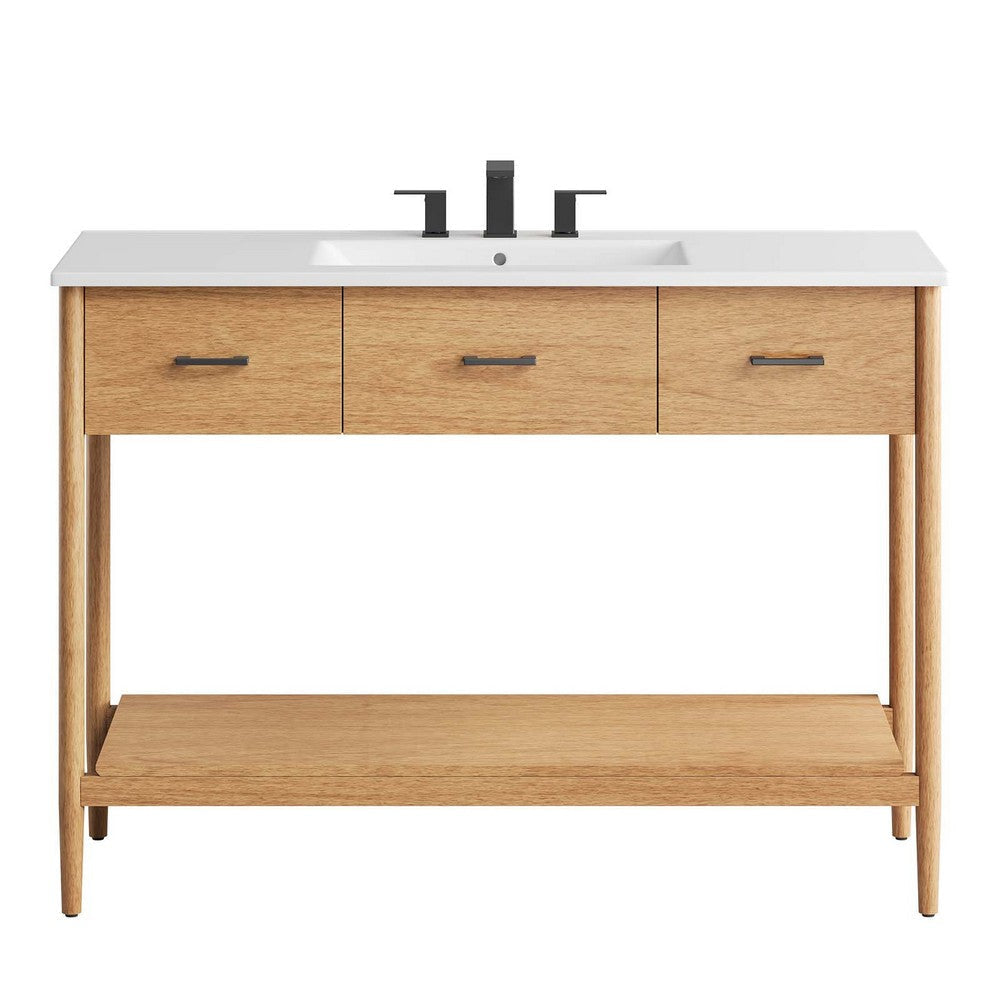 Modway Zaire 48” Mid-Century Single Bathroom Vanity Washstand in Natural White with Ceramic Sink Basin 48 Inches MDY-EEI-6824-NAT-WHI