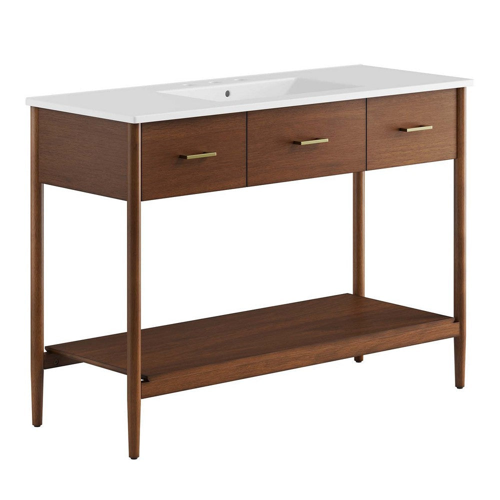 Modway Zaire 48” Mid-Century Single Bathroom Vanity Washstand in Walnut White with Ceramic Sink Basin, 48 Inches