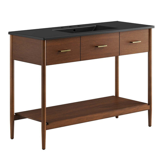 Modway Zaire 48” Mid-Century Single Bathroom Vanity Washstand in Walnut Black with Ceramic Sink Basin, 48 Inches