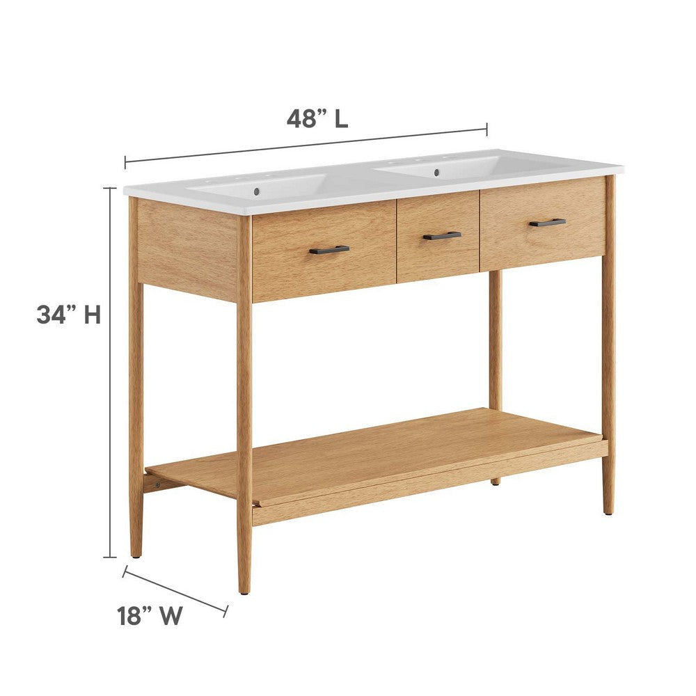 Modway Zaire 48” Mid-Century Bathroom Sink Vanity Washstand in Natural White with Dual Ceramic Basins 48 Inches Double MDY-EEI-6826-NAT-WHI