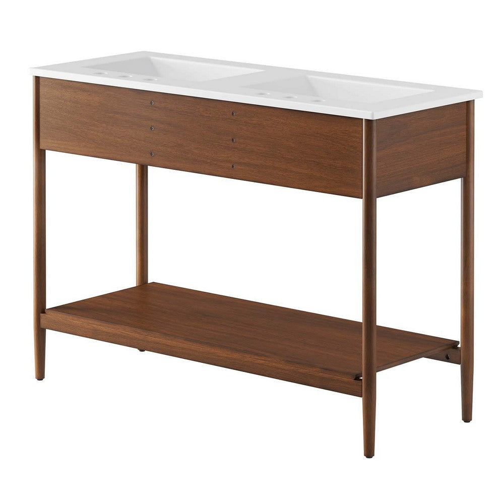 Modway Zaire 48” Mid-Century Bathroom Sink Vanity Washstand in Walnut White with Dual Ceramic Basins 48 Inches Double MDY-EEI-6826-WAL-WHI