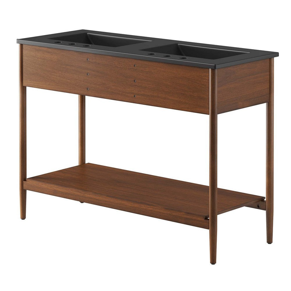 Modway Zaire 48” Mid-Century Bathroom Sink Vanity Washstand in Walnut Black with Dual Ceramic Basins 48 Inches Double MDY-EEI-6827-WAL-BLK