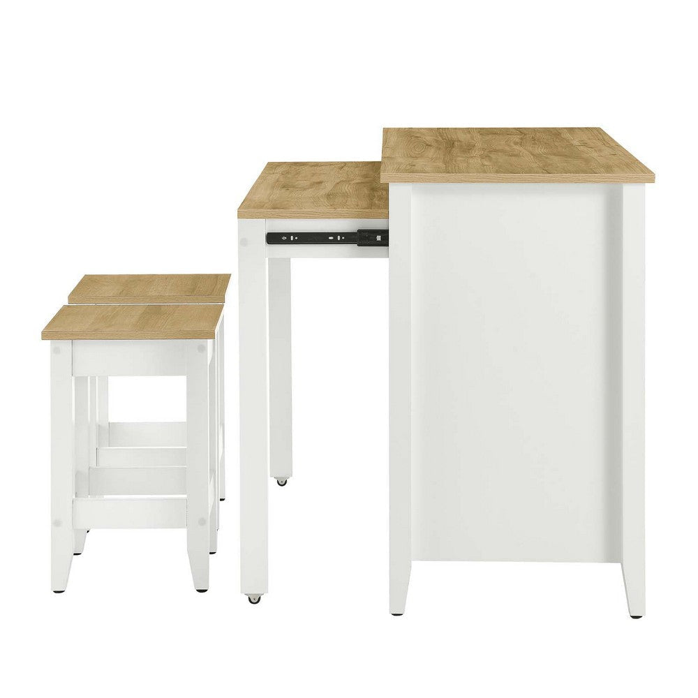 Modway Garland 3-Piece Small Kitchen Island Set with Seating and Pull-Out Table in Oak White - Freestanding Small Space Modern Farmhouse