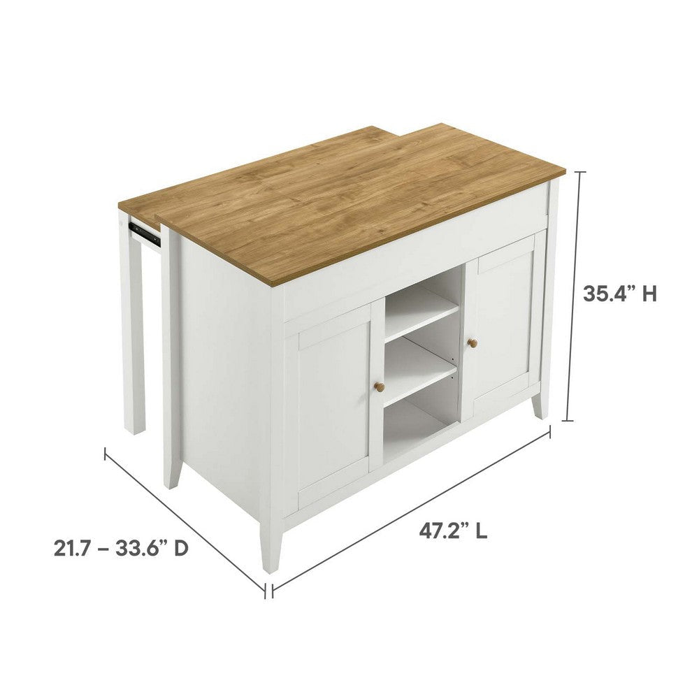 Modway Garland 3-Piece Small Kitchen Island Set with Seating and Pull-Out Table in Oak White - Freestanding Small Space Modern Farmhouse