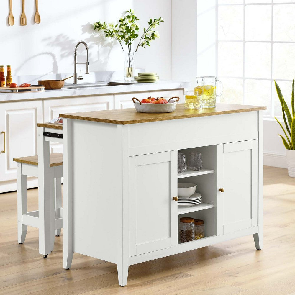 Modway Garland 3-Piece Small Kitchen Island Set with Seating and Pull-Out Table in Oak White - Freestanding Small Space Modern Farmhouse