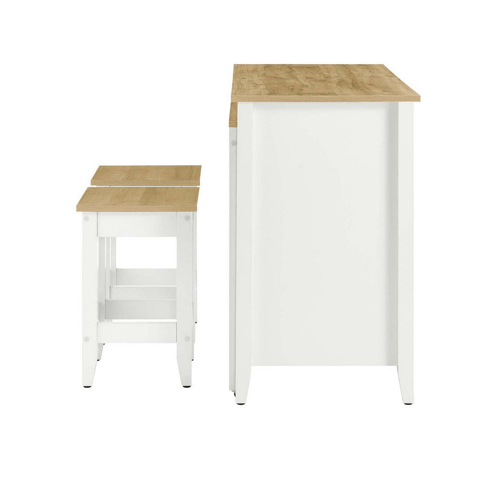 Modway Farmstead 3-Piece Small Kitchen Island Set with Seating and Pull-Out Table in Oak White - Freestanding Small Space Modern Farmhouse