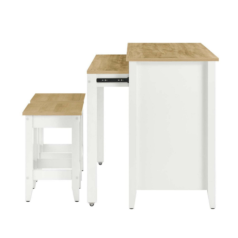 Modway Farmstead 3-Piece Small Kitchen Island Set with Seating and Pull-Out Table in Oak White - Freestanding Small Space Modern Farmhouse