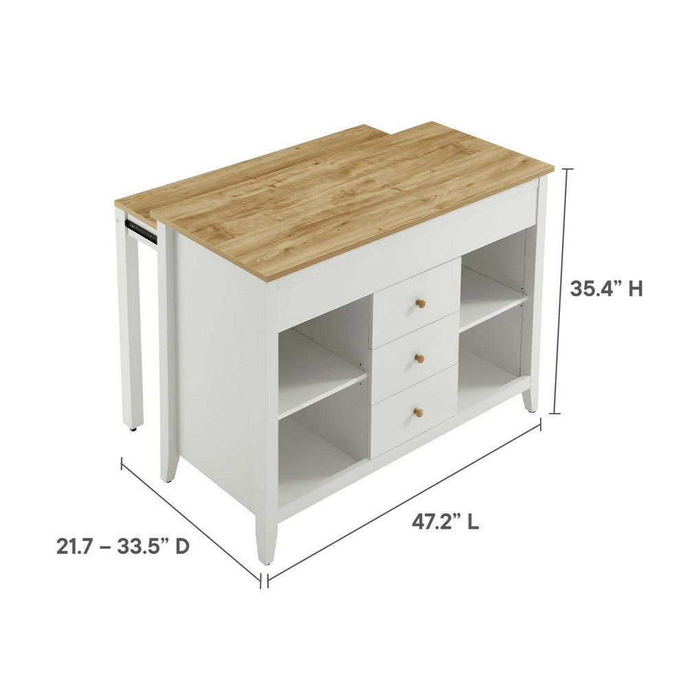 Modway Farmstead 3-Piece Small Kitchen Island Set with Seating and Pull-Out Table in Oak White - Freestanding Small Space Modern Farmhouse