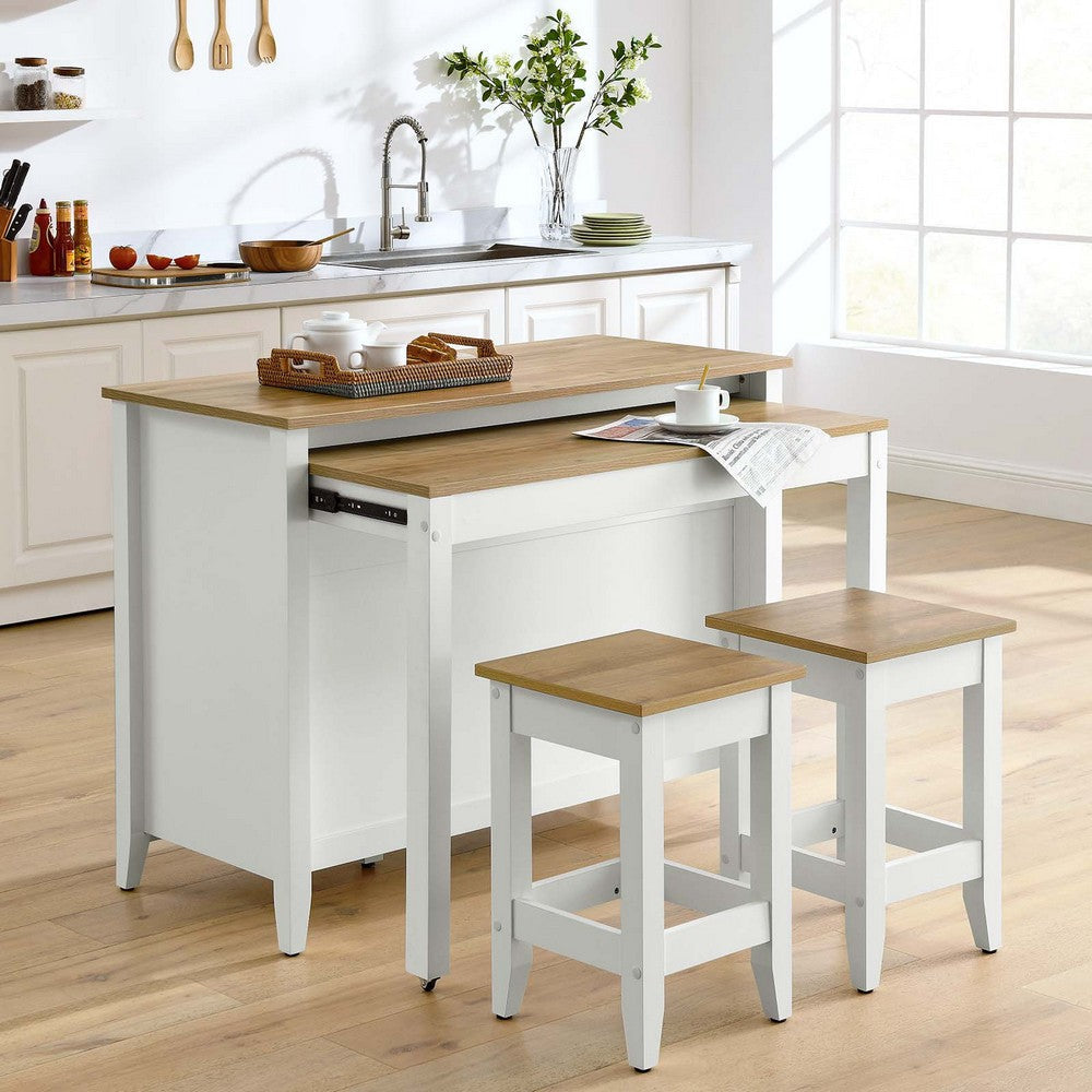 Modway Farmstead 3-Piece Small Kitchen Island Set with Seating and Pull-Out Table in Oak White - Freestanding Small Space Modern Farmhouse