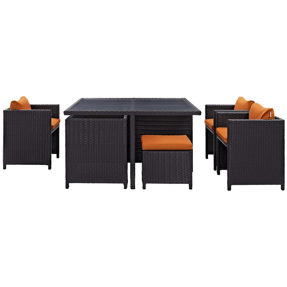 Modway Inverse Wicker Rattan 9-Piece Outdoor Patio Dining Furniture Set in Espresso Orange MDY-EEI-726-EXP-ORA