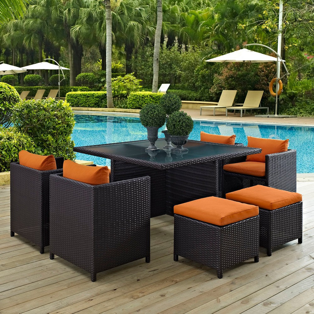 Modway Inverse Wicker Rattan 9-Piece Outdoor Patio Dining Furniture Set in Espresso Orange MDY-EEI-726-EXP-ORA