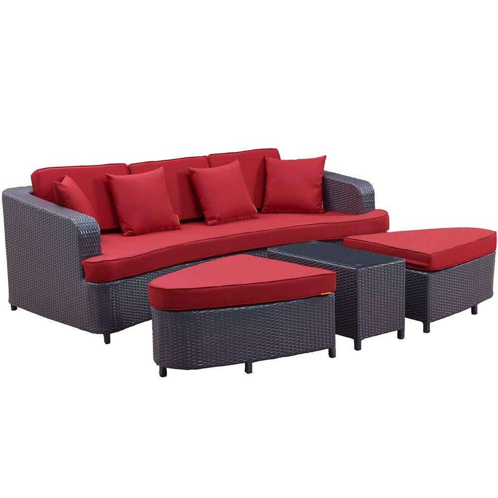 Modway Monterey Wicker Rattan 4-Piece Outdoor Patio Sectional Sofa Furniture Set with Cushions in Brown Red