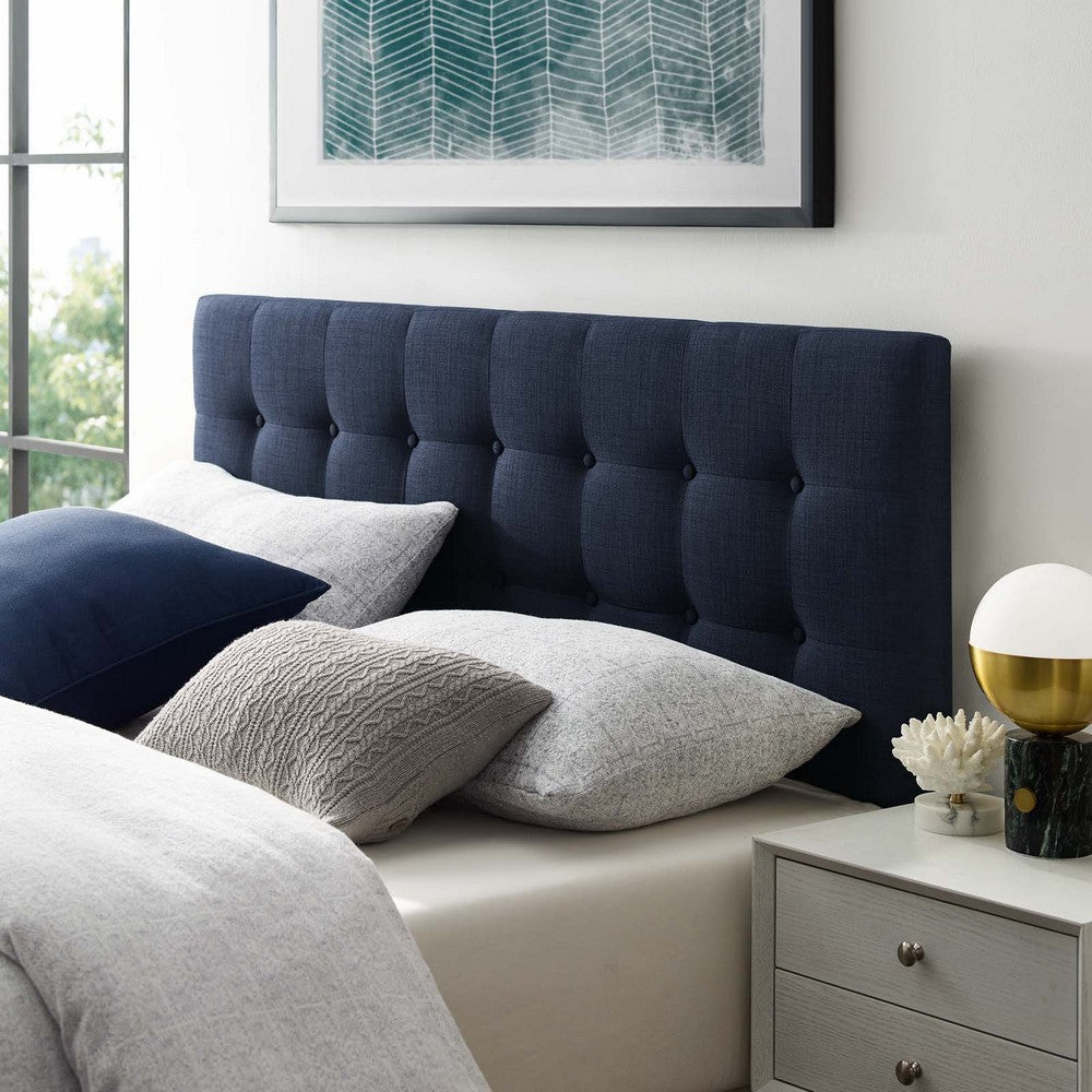 Modway Emily Tufted Button Linen Fabric Upholstered Queen Headboard in Navy