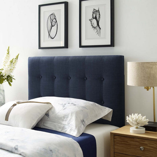 Modway Emily Tufted Button Linen Fabric Upholstered Twin Headboard in Navy