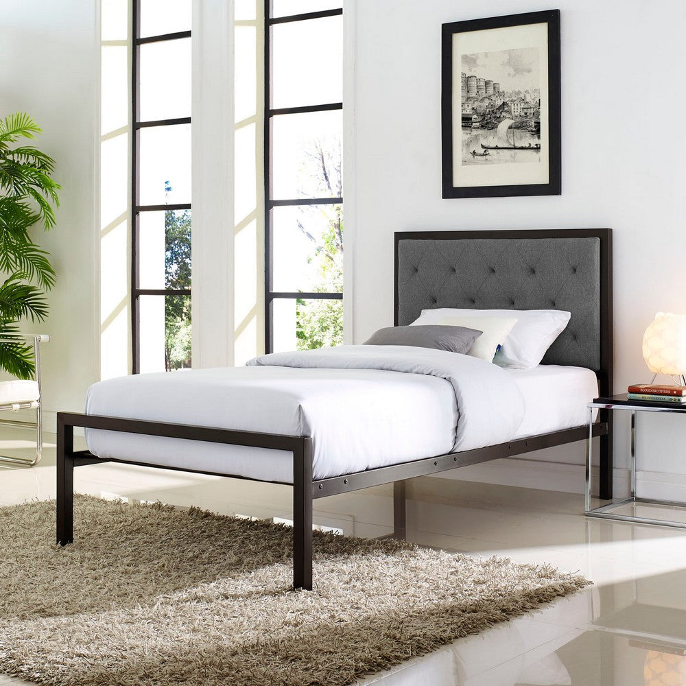 Modway Mia Upholstered in Brown Gray Tufted Platform Bed With Metal Slat Support in Twin MDY-MOD-5178-BRN-GRY-SET