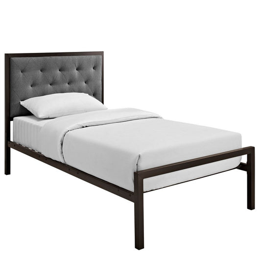 Modway Mia Upholstered in Brown Gray Tufted Platform Bed With Metal Slat Support in Twin