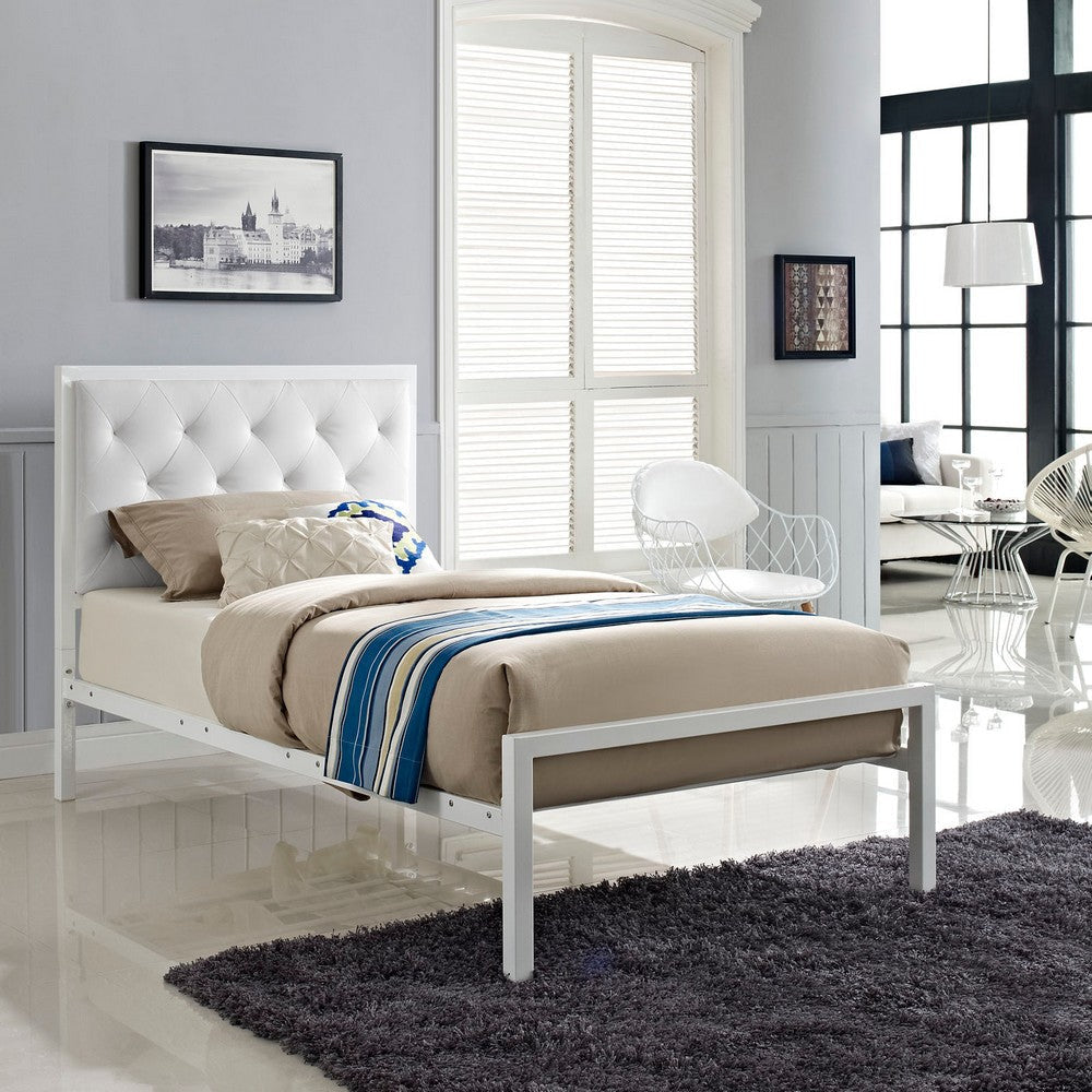 Modway Mia Tufted Faux Leather Twin Platform Bed Frame in White White MDY-MOD-5179-WHI-WHI-SET