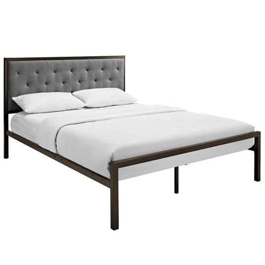 Modway Mia Upholstered Brown Beige Tufted Platform Bed with Metal Slat Support in Queen