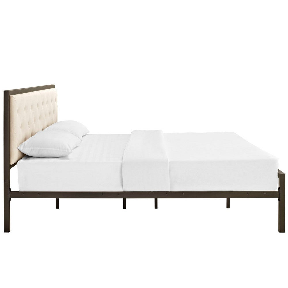 Modway Mia Upholstered Brown Beige Tufted Platform Bed With Metal Slat Support in King MDY-MOD-5184-BRN-BEI-SET