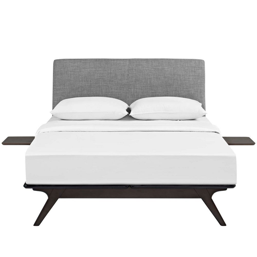 Modway Tracy Mid-Century Modern Wood Platform Queen Bed with Two Nightstands in Cappuccino Gray MDY-MOD-5257-CAP-GRY-SET