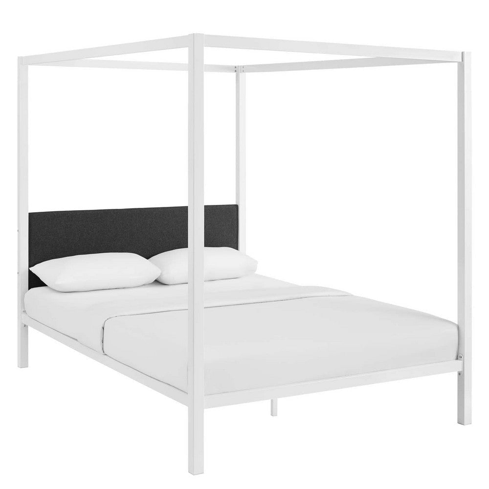 Modway Raina Metal Queen Canopy Bed Frame With Upholstered Gray Fabric Headboard in White Gray