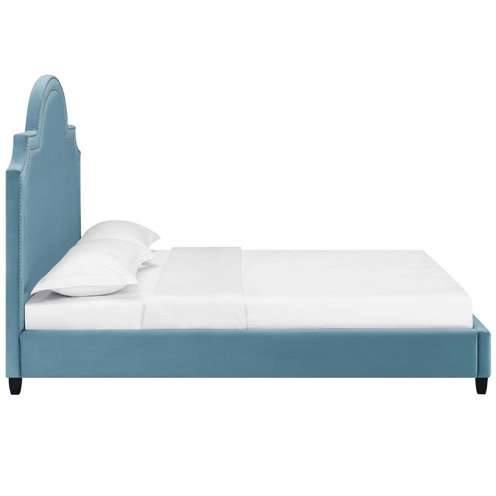 Modway Primrose Performance Velvet Queen Platform Bed With Nailhead Trim in Sea Blue MDY-MOD-5812-SEA