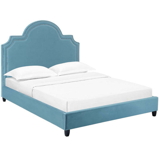 Modway Primrose Performance Velvet Queen Platform Bed With Nailhead Trim in Sea Blue