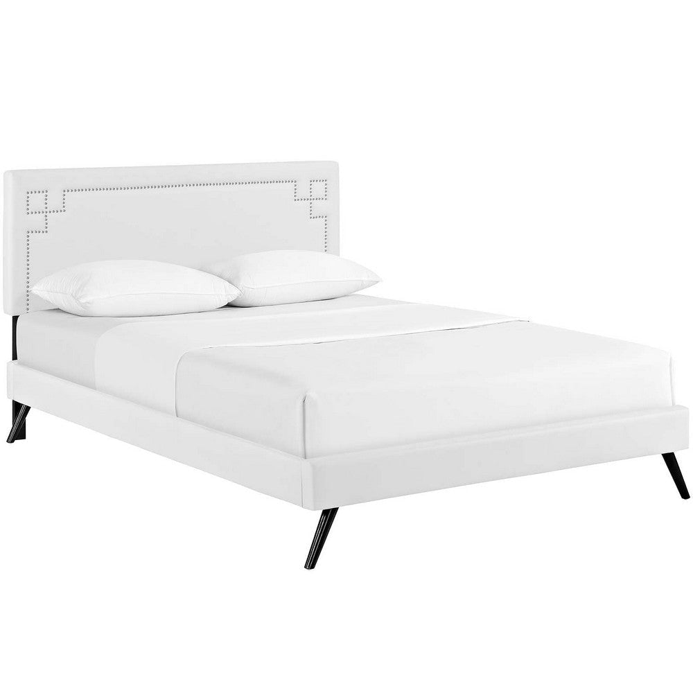 Modway Ruthie Faux Leather Upholstered Full Platform Bed Frame in White With Splayed Legs