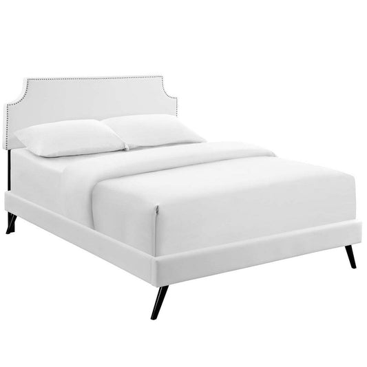 Modway Corene Faux Leather Upholstered Queen Platform Bed Frame With Round Splayed Legs in White