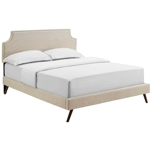 Modway Corene Fabric Upholstered Queen Platform Bed Frame With Round Splayed Legs in Beige