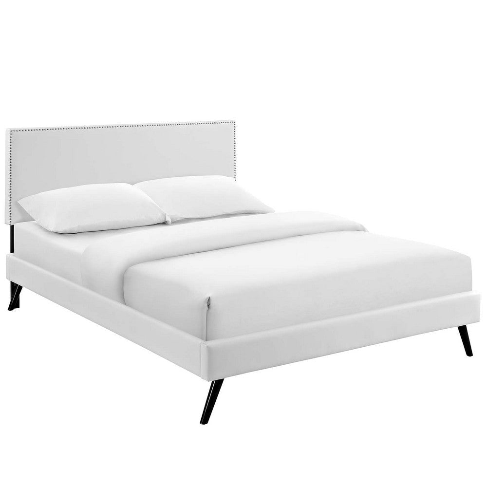 Modway Macie Faux Leather Upholstered Full Platform Bed Frame With Splayed Legs in White