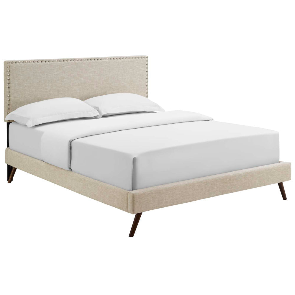 Modway Macie Fabric Upholstered Queen Platform Bed Frame With Splayed Legs in Beige