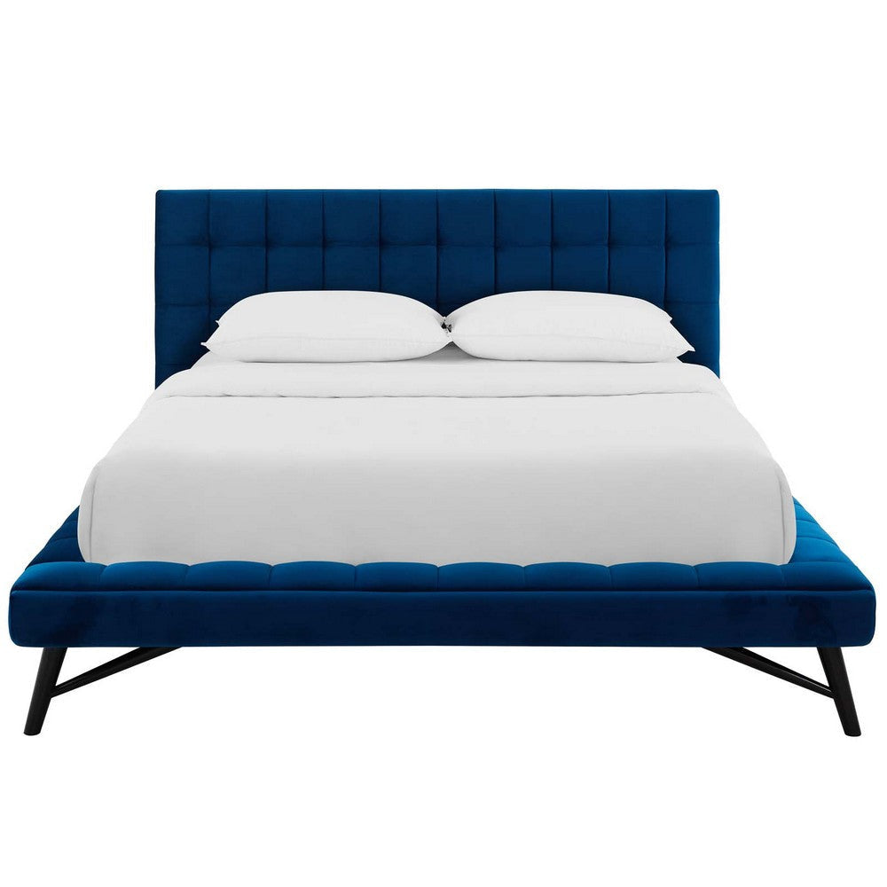 Modway Julia Mid-Century Biscuit Tufted Performance Velvet Queen Platform Bed in Navy MDY-MOD-6008-NAV