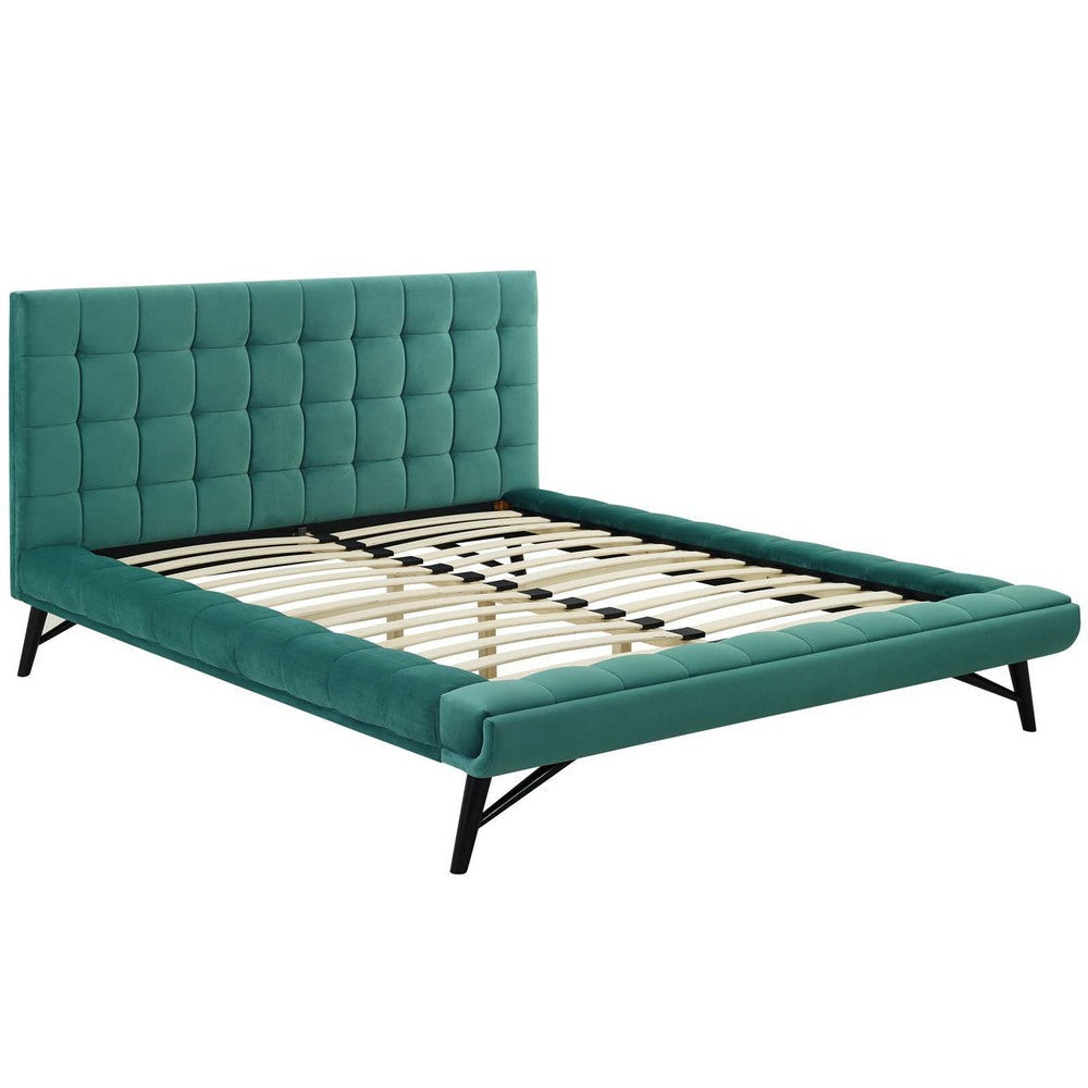 Modway Julia Mid-Century Biscuit Tufted Performance Velvet Queen Platform Bed in Teal MDY-MOD-6008-TEA