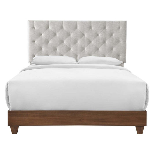 Modway Rhiannon Diamond Tufted Upholstered Fabric Queen Bed, Walnut Beige