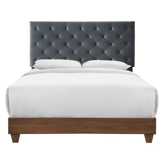 Modway Rhiannon Diamond Tufted Upholstered Performance Velvet Queen Bed, Walnut Charcoal