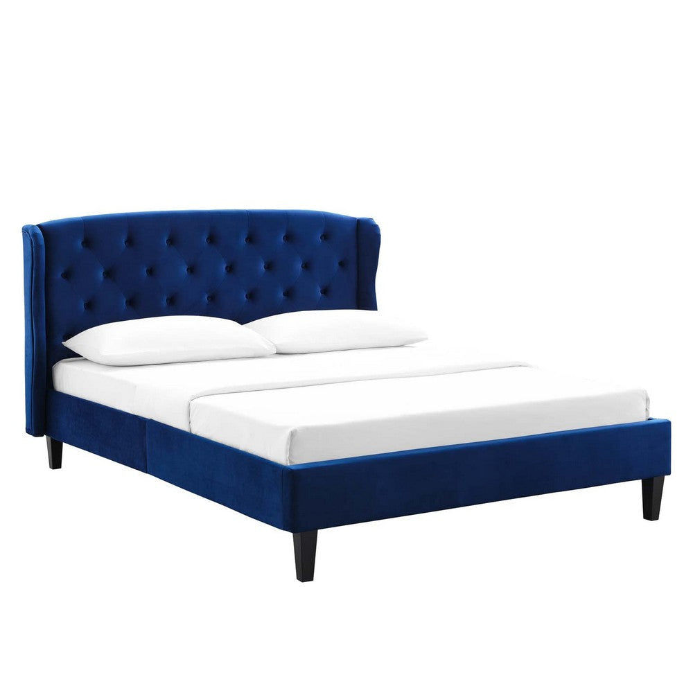 Modway Penelope Tufted Performance Velvet Wingback Platform Queen Bed in Navy