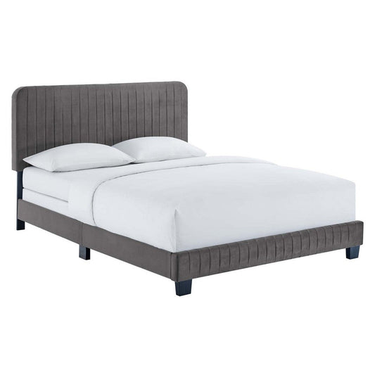 Modway Celine Channel Tufted Performance Velvet Twin Bed in Gray