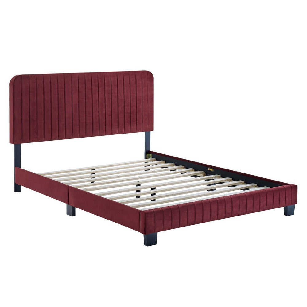 Modway Celine Channel Tufted Performance Velvet Platform Bed King Maroon MDY-MOD-6333-MAR