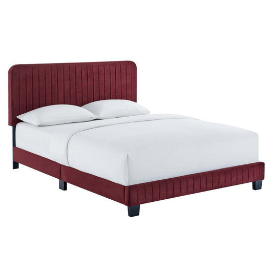 Modway Celine Channel Tufted Performance Velvet Platform Bed, King, Maroon