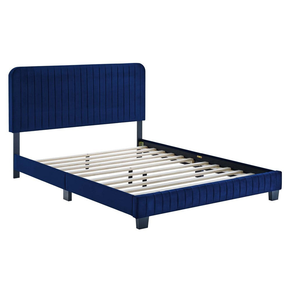 Modway Celine Channel Tufted Performance Velvet Platform Bed King Navy MDY-MOD-6333-NAV