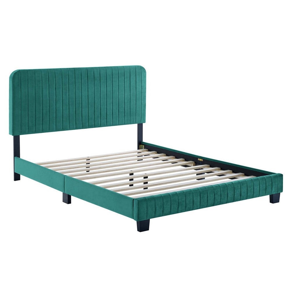 Modway Celine Channel Tufted Performance Velvet King Platform Bed in Teal MDY-MOD-6333-TEA