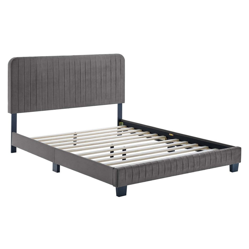 Modway Celine Channel Tufted Performance Velvet Full Platform Bed in Gray MDY-MOD-6335-GRY