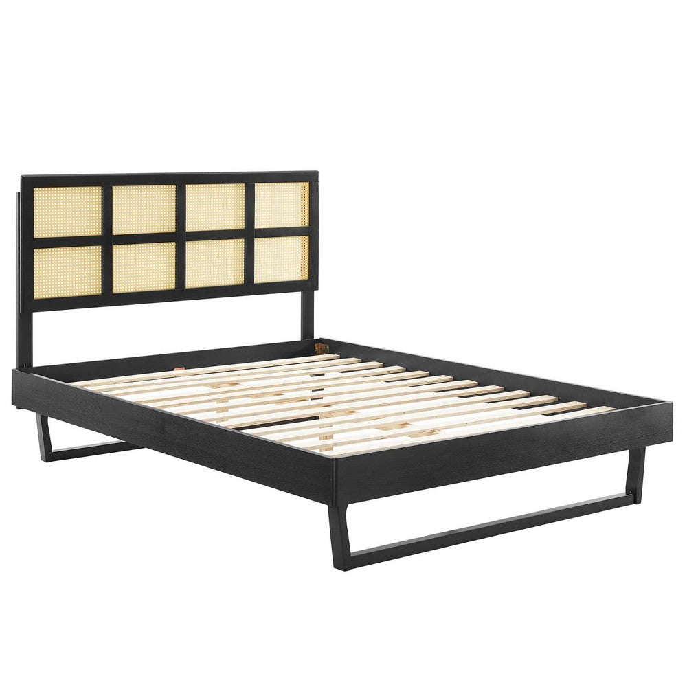 Modway Sidney Cane Rattan and Wood Queen Platform Bed in Black with Angular Legs MDY-MOD-6369-BLK