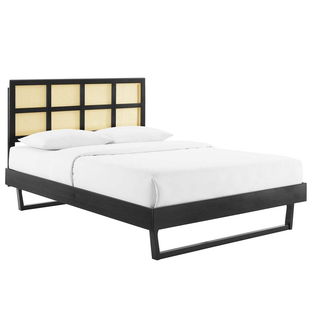 Modway Sidney Cane Rattan and Wood Queen Platform Bed in Black with Angular Legs