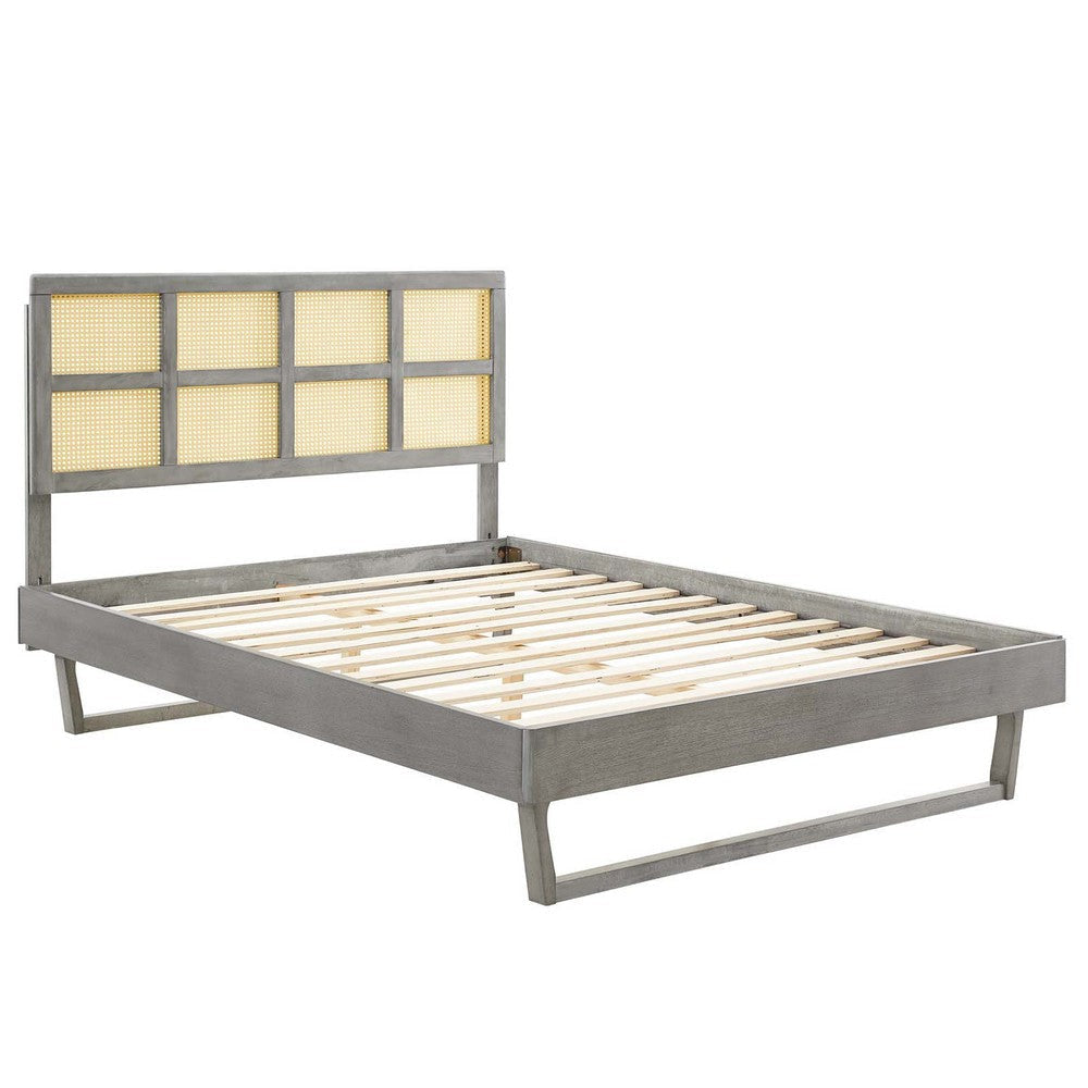 Modway Sidney Cane Rattan and Wood Queen Platform Bed in Gray with Angular Legs MDY-MOD-6369-GRY