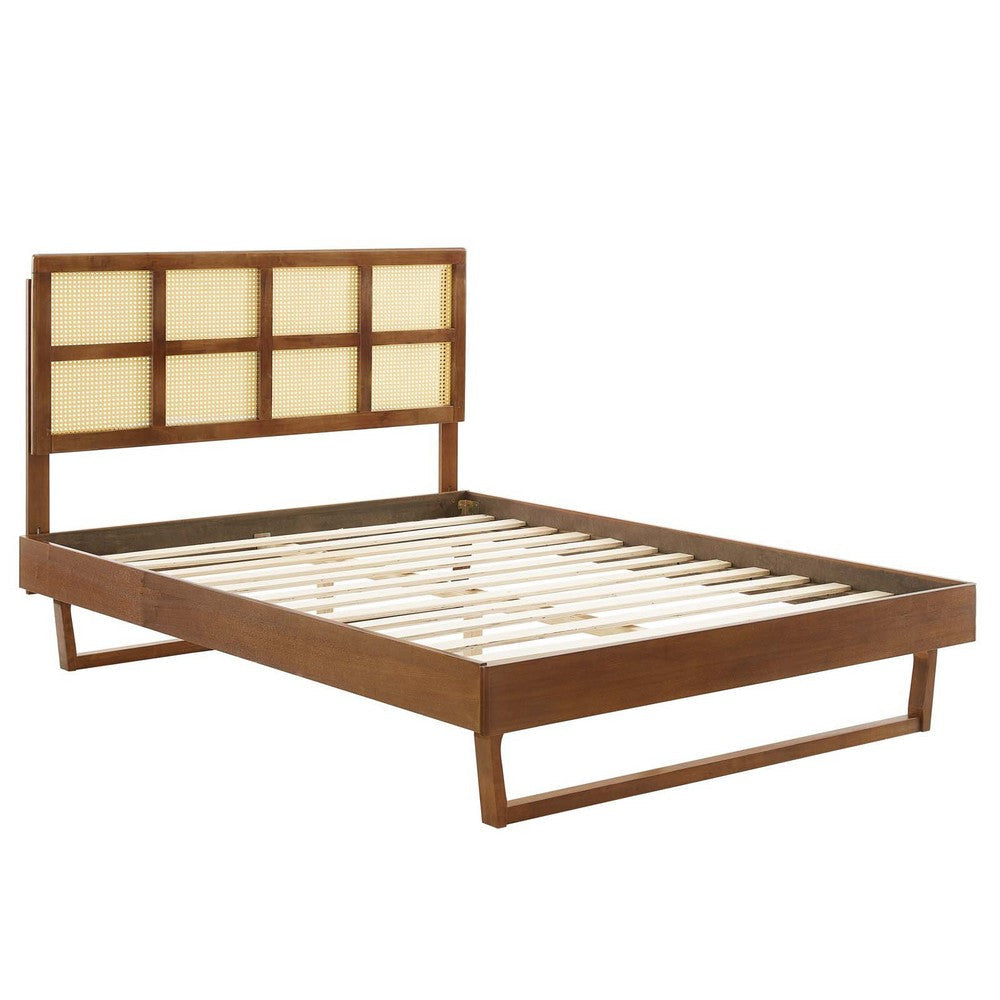 Modway Sidney Cane Rattan and Wood Queen Platform Bed in Walnut with Angular Legs MDY-MOD-6369-WAL