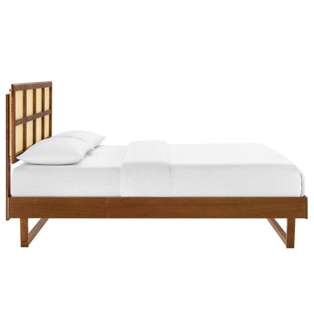 Modway Sidney Cane Rattan and Wood Queen Platform Bed in Walnut with Angular Legs MDY-MOD-6369-WAL