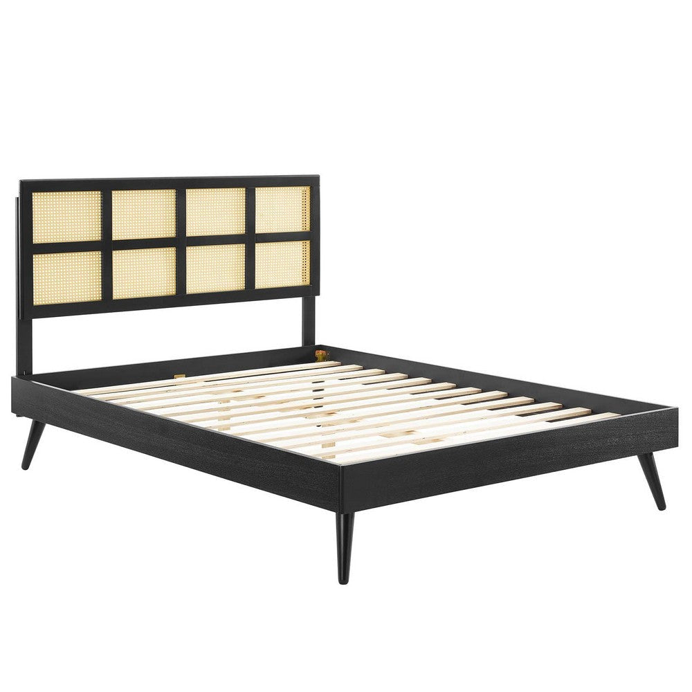 Modway Sidney Cane Rattan and Wood Queen Platform Bed in Black with Splayed Legs MDY-MOD-6370-BLK