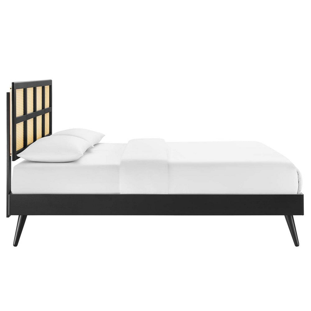 Modway Sidney Cane Rattan and Wood Queen Platform Bed in Black with Splayed Legs MDY-MOD-6370-BLK